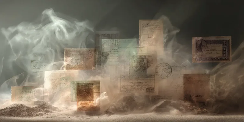 Abstract layers of certification stamps fading into transparency