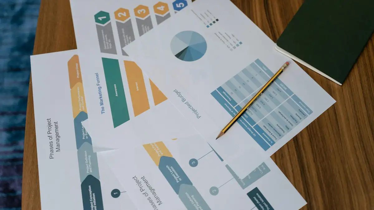 Overhead view of project management documents and charts on a desk with a pencil.